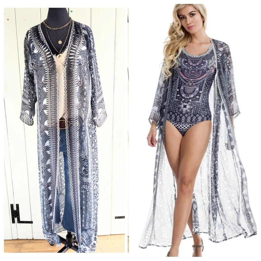 🌴La Moda Elegant Blue Patterned Swim Cover-Up/Duster One Size